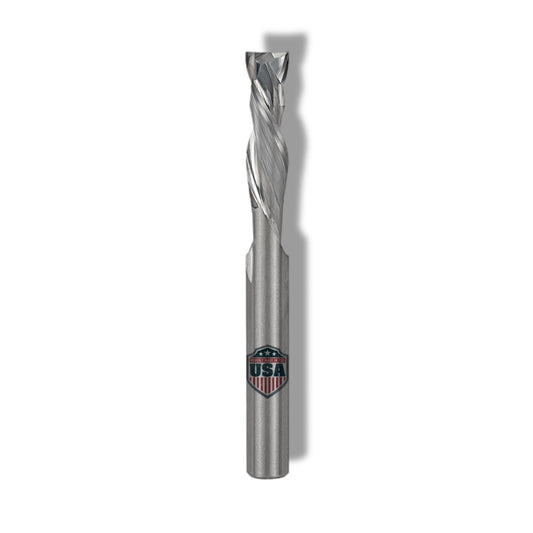 1/4” x 1” x 1/4” Shank x 2 1/2” Solid Carbide 2 Flute Mortise Compression Bit. Manufactured in America - These bits have superior cut quality and lifespan