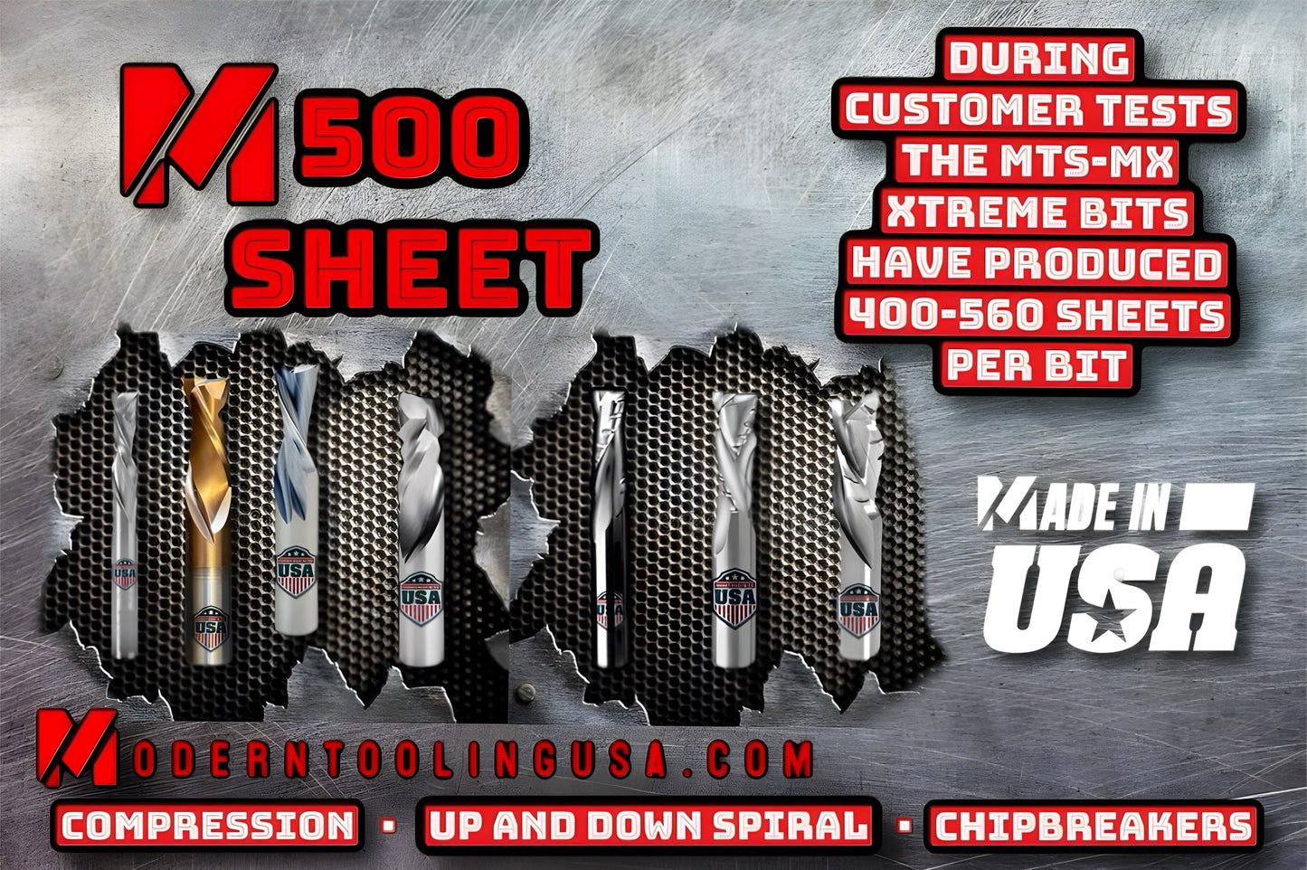 3/8” x 1 1/8” x 3/8” x 3” 3/8" x 1 1/4” M500 Sheet Series w/ special high performance coating for reduced heat and longer cut life. Mortise Compression bit