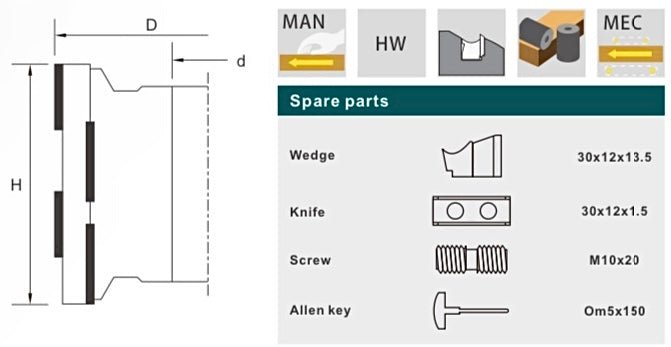 Spiral planing cutter-head for pre-planing softwood and hardwood in longitudinal direction of the grain - Replacement inserts available