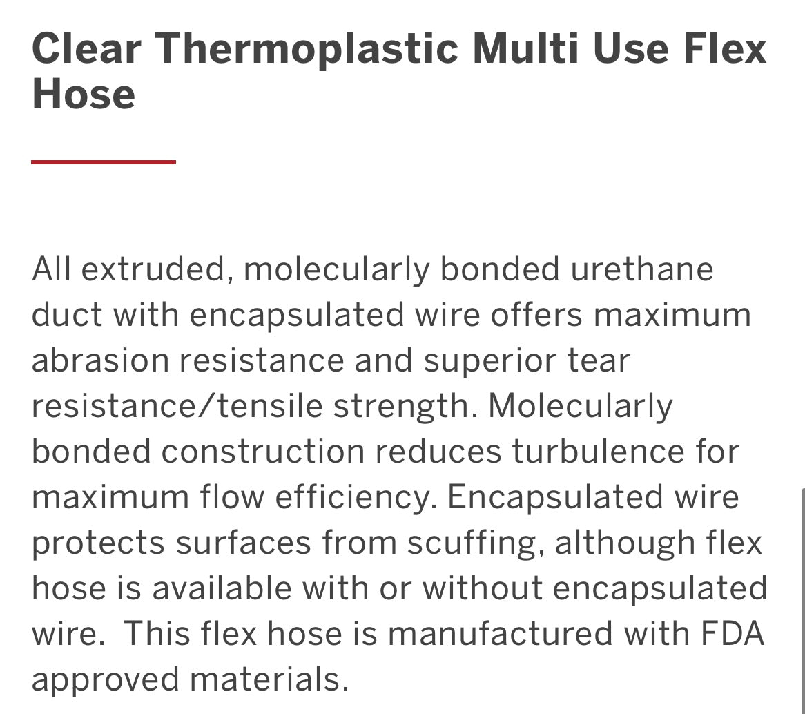 Clear Thermoplastic Multi Use Flex Hose - 2”-12” Diameters Available - US Duct American Made